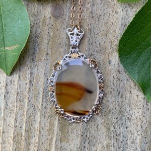 Art Deco Rose Gold Sterling Silver Dendritic Agate Pendant Necklace 18"